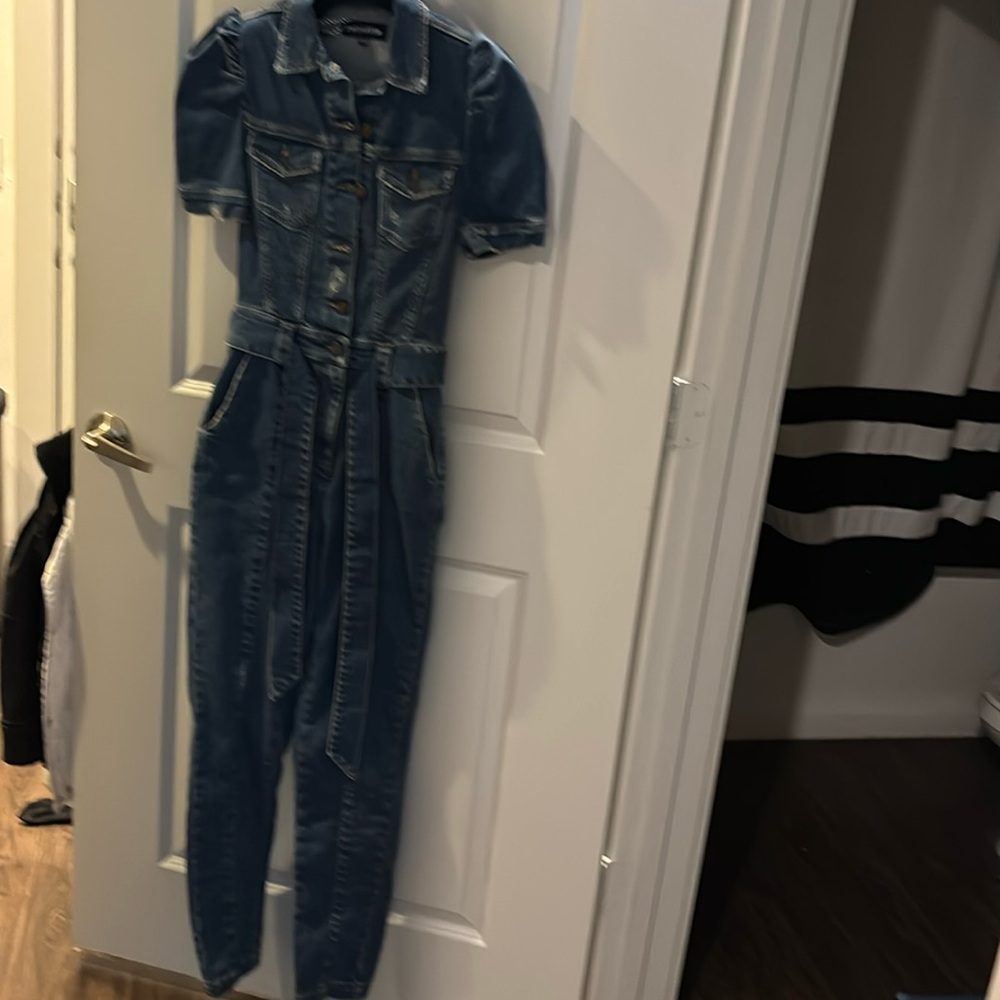 Retrofete Jean jumpsuit belted and puffed sleeves NWT!